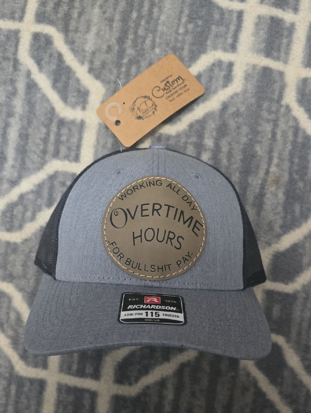 Richardson Gray/Black Trucker Hat with 'Overtime Hours' Patch